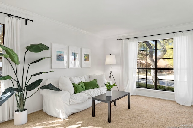 living area featuring a healthy amount of sunlight, light colored carpet, and crown molding