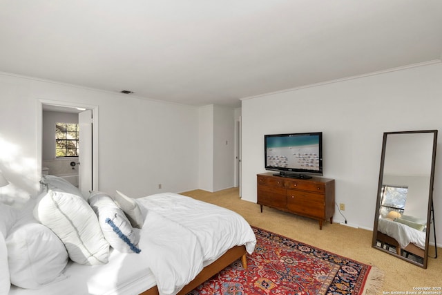 bedroom featuring light carpet, crown molding, and visible vents