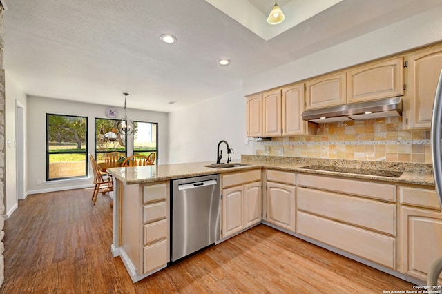 kitchen with tasteful backsplash, a peninsula, stainless steel dishwasher, under cabinet range hood, and a sink