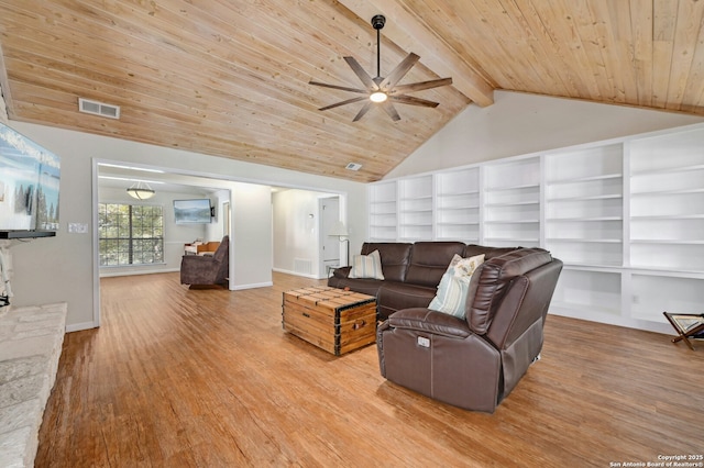 living room featuring wood ceiling, wood finished floors, visible vents, and vaulted ceiling with beams