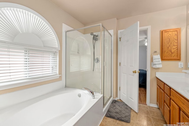 full bath with a garden tub, ensuite bathroom, a stall shower, vanity, and tile patterned floors