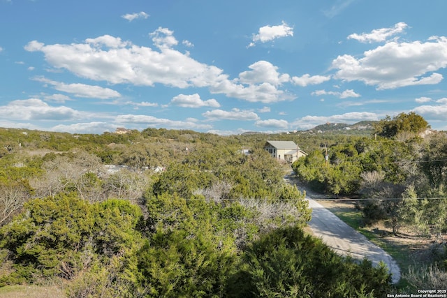 bird's eye view featuring a wooded view