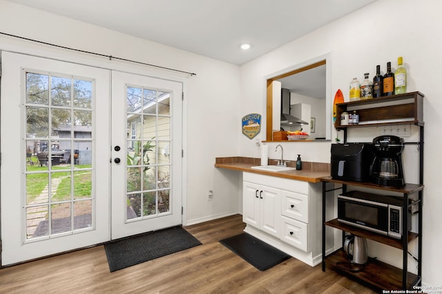 doorway featuring a healthy amount of sunlight, dark wood-type flooring, a sink, and french doors