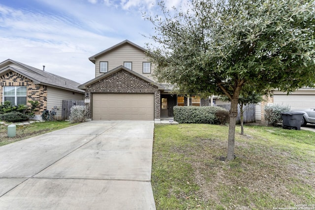 traditional home with an attached garage, brick siding, fence, driveway, and a front lawn