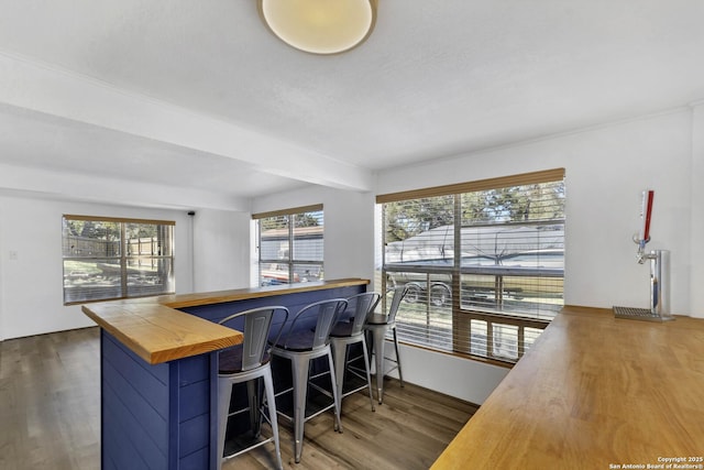 kitchen with a kitchen breakfast bar, plenty of natural light, wood finished floors, and wooden counters