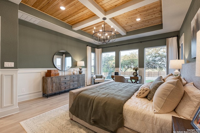 bedroom featuring coffered ceiling, wood ceiling, light wood-style floors, beam ceiling, and an inviting chandelier