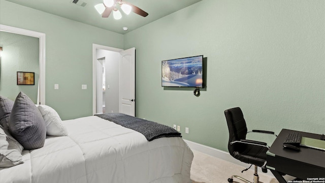 bedroom featuring carpet flooring, ceiling fan, visible vents, and baseboards