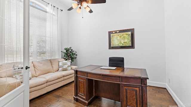 office space featuring dark wood-style floors, ceiling fan, french doors, and baseboards