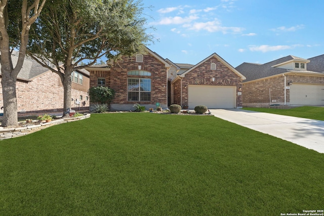 view of front facade with a garage, a front lawn, concrete driveway, and brick siding