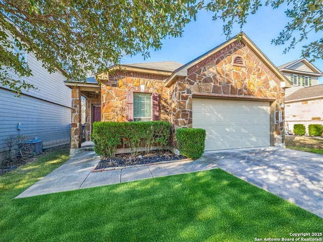 ranch-style house with an attached garage, a front yard, cooling unit, stone siding, and driveway