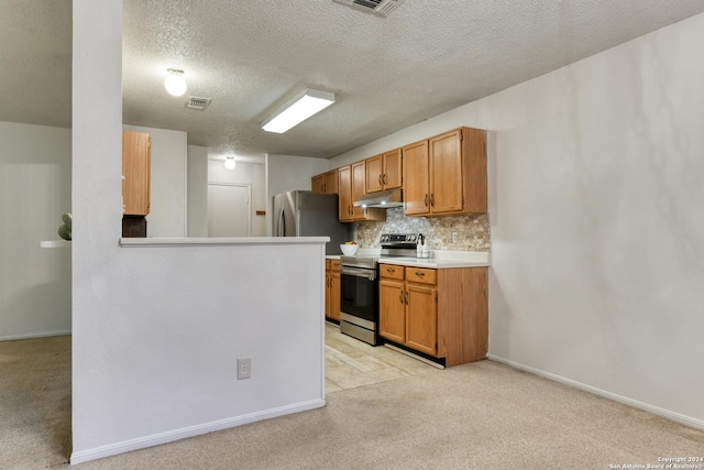 kitchen featuring visible vents, decorative backsplash, light colored carpet, stainless steel appliances, and under cabinet range hood