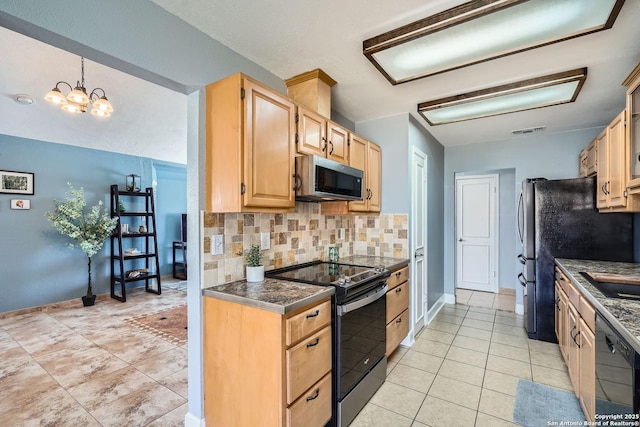 kitchen featuring visible vents, decorative backsplash, dark countertops, stainless steel appliances, and light tile patterned flooring