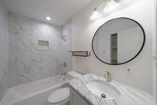 full bathroom with toilet, shower / tub combination, recessed lighting, and vanity