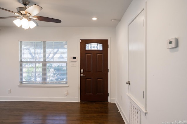 entrance foyer with recessed lighting, ceiling fan, baseboards, and wood finished floors