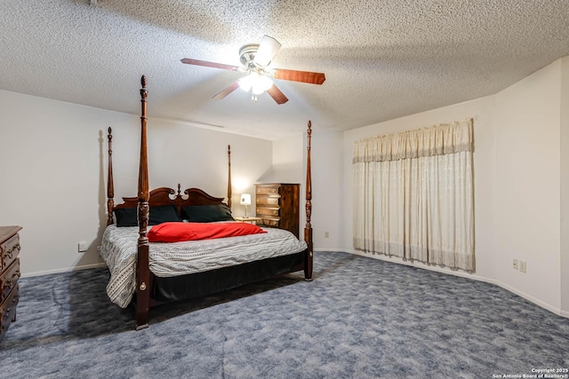 carpeted bedroom featuring ceiling fan, a textured ceiling, and baseboards