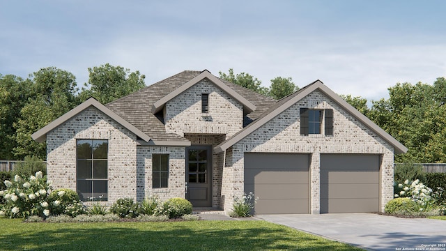 view of front facade featuring a garage, a front yard, concrete driveway, and brick siding