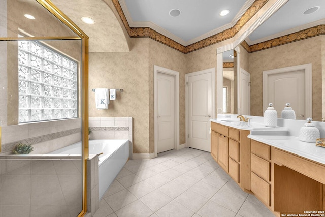 full bathroom with a garden tub, vanity, ornamental molding, a shower stall, and tile patterned floors