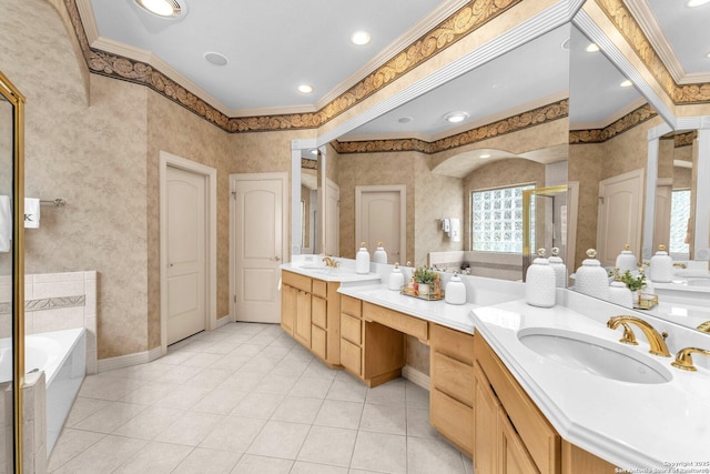 full bath with a garden tub, a sink, a wealth of natural light, and crown molding