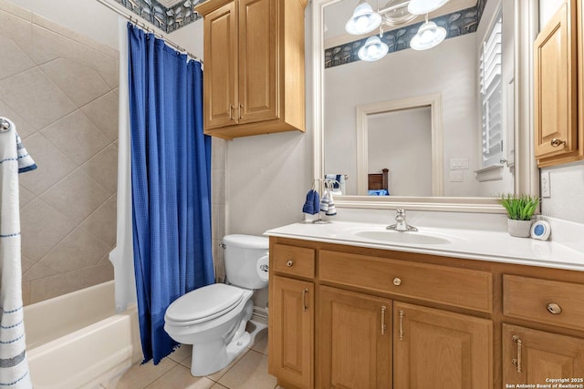 full bathroom featuring shower / tub combo, tile patterned flooring, vanity, and toilet