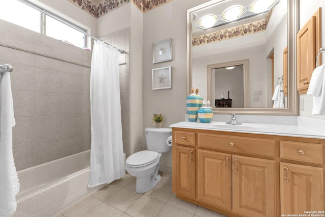 bathroom with shower / bath combination with curtain, vanity, toilet, and tile patterned floors