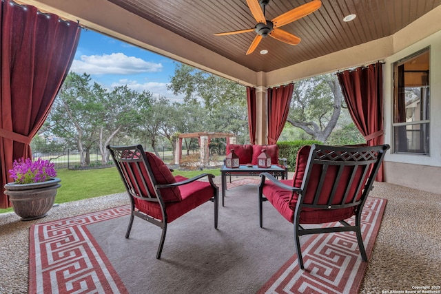 view of patio / terrace with a pergola, ceiling fan, an outdoor living space, and fence