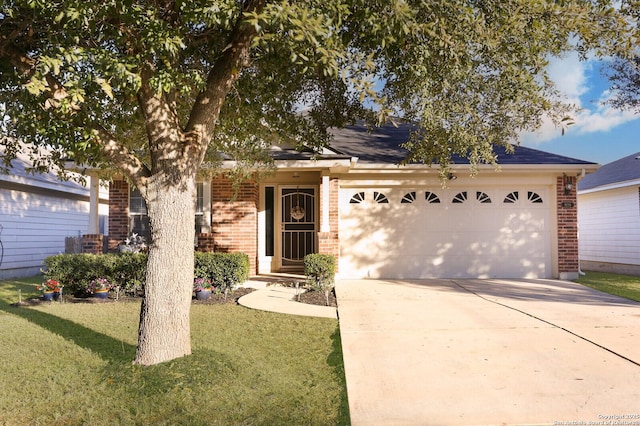 ranch-style house with concrete driveway, brick siding, a front lawn, and an attached garage