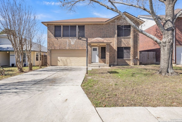 view of front of property featuring driveway, brick siding, an attached garage, and a front yard