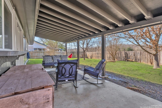 view of patio / terrace featuring a fenced backyard and outdoor lounge area