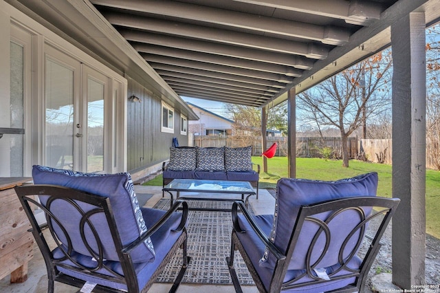 view of patio featuring french doors, a fenced backyard, and an outdoor living space