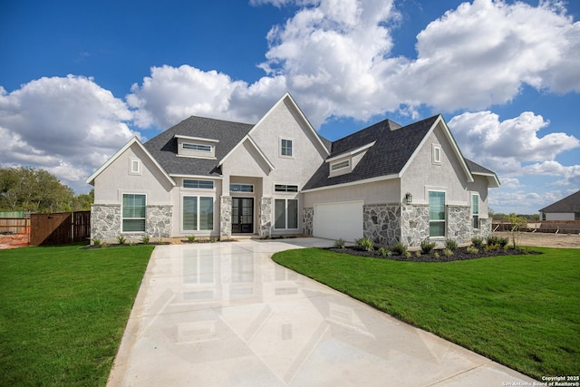 view of front facade with stucco siding, concrete driveway, a garage, stone siding, and a front lawn