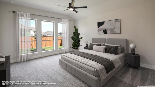 5759 Ryder Rd, New Braunfels, TX 78130 - carpeted bedroom featuring baseboards, vaulted ceiling, and a ceiling fan