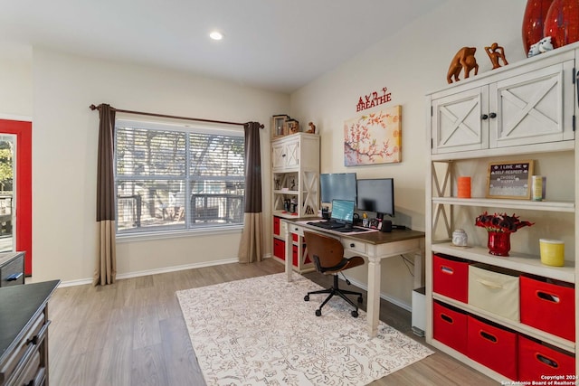 home office with light wood-style flooring, baseboards, and recessed lighting