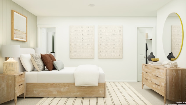 bedroom with light colored carpet