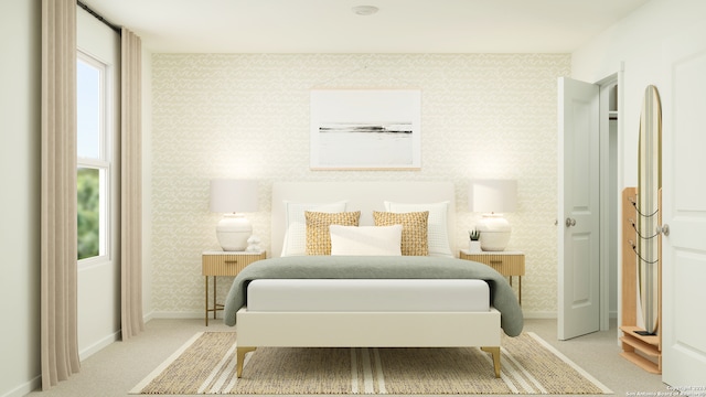 bedroom with light carpet, baseboards, and wallpapered walls