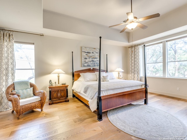 bedroom featuring baseboards, multiple windows, a raised ceiling, and light wood finished floors