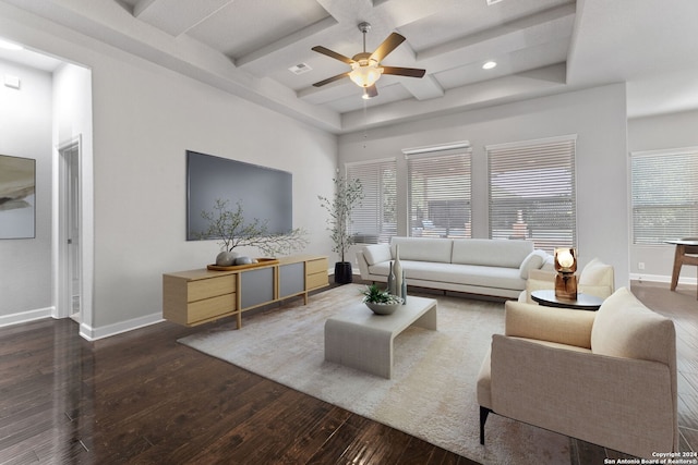 living room featuring hardwood / wood-style flooring, coffered ceiling, visible vents, baseboards, and beam ceiling