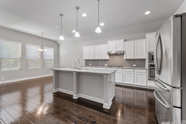 kitchen featuring stainless steel appliances, backsplash, dark wood-type flooring, a sink, and under cabinet range hood