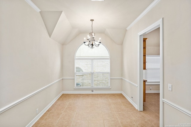 unfurnished dining area with a chandelier, lofted ceiling, baseboards, and light tile patterned floors