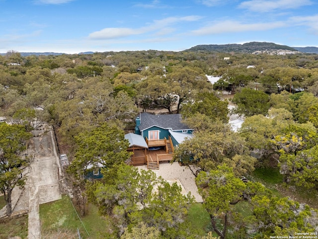 birds eye view of property featuring a mountain view and a view of trees