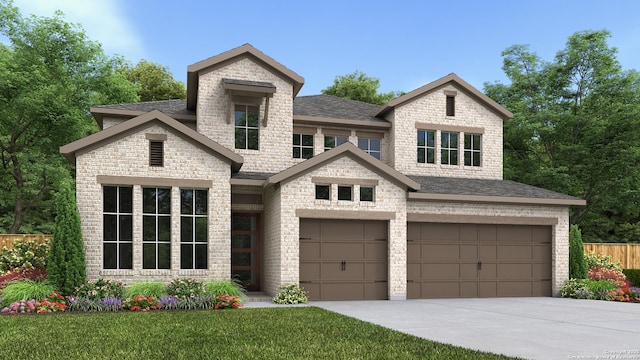 view of front facade featuring concrete driveway, brick siding, roof with shingles, and an attached garage