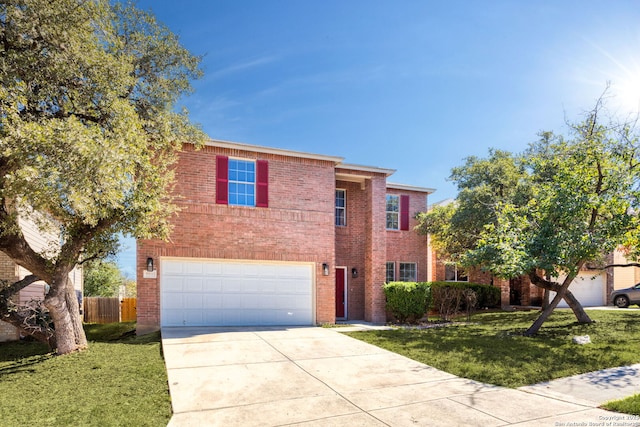 view of front of house featuring concrete driveway, brick siding, and a front yard