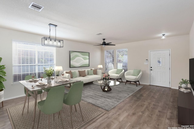 dining area featuring a wealth of natural light, wood finished floors, and visible vents