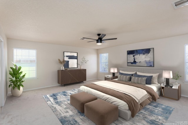 bedroom featuring carpet floors, multiple windows, and visible vents