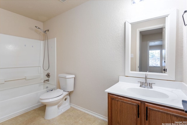 bathroom with toilet, shower / bathtub combination, baseboards, and vanity