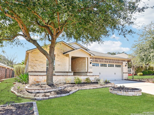 single story home with driveway, stone siding, a garage, and a front lawn