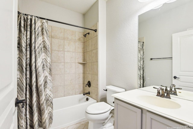 full bath with toilet, shower / bath combo with shower curtain, vanity, and tile patterned floors