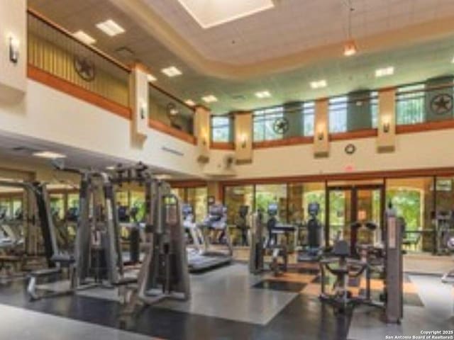 gym with a high ceiling, a skylight, and a healthy amount of sunlight