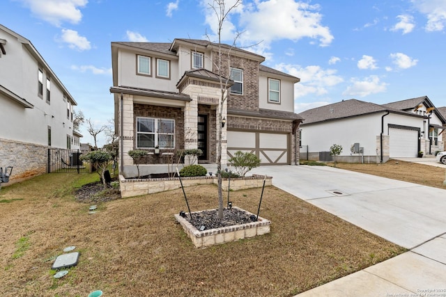 view of front of property featuring central AC unit, concrete driveway, an attached garage, a standing seam roof, and fence