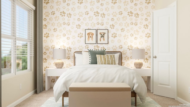 bedroom with wallpapered walls, baseboards, and carpet flooring