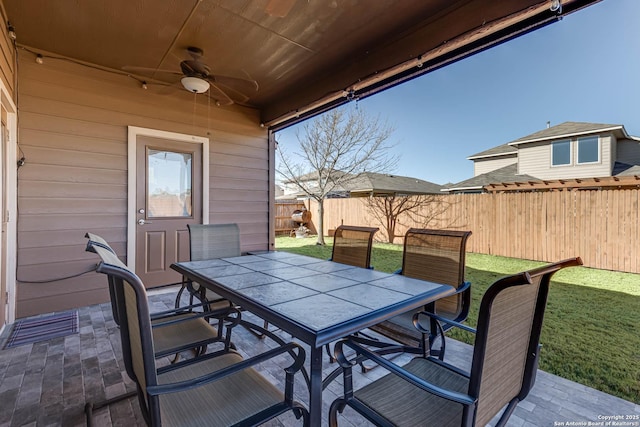 view of patio / terrace with ceiling fan, outdoor dining area, and a fenced backyard